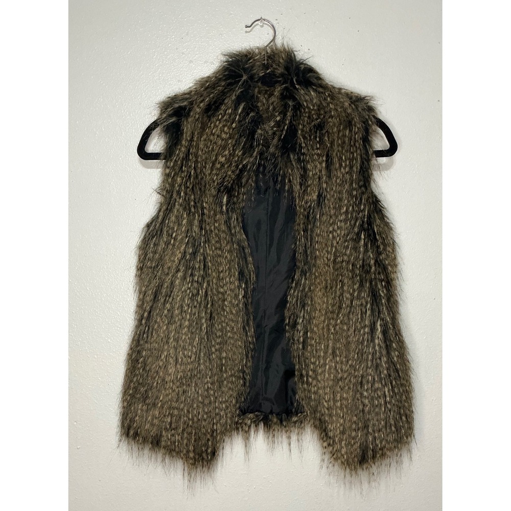 Donna Salyers Fabulous Furs Shaggy Faux Vest Brown Black Women XS‎ Boho Festival